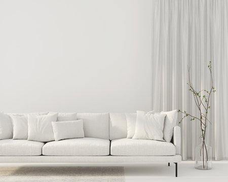 The white interior of the living room with a sofa, curtains, beige carpet and a vase with flowers / 3D illustration, 3d renderの写真素材
