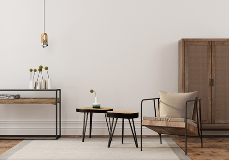 Interior of living room with wooden furniture, parquet and beige carpet / 3D illustration, 3d renderの写真素材