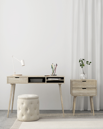 Workplace interior with wooden table, chest of drawers and pouf / 3D illustration, 3d renderの写真素材