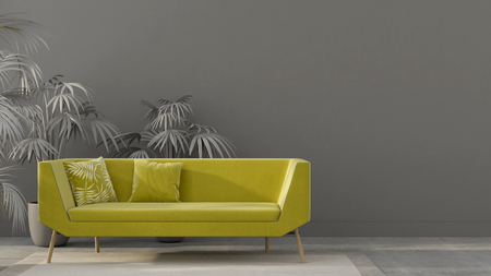 Gray interior of the living room or reception with a yellow sofa / 3D illustration, 3d renderの写真素材
