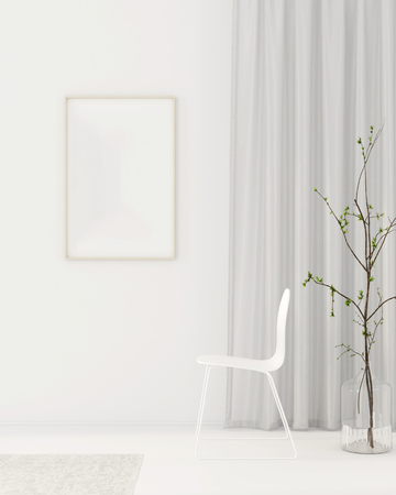 Mock up White interior with chair, beige carpet, and frame on the wall / 3D illustration, 3d renderの写真素材