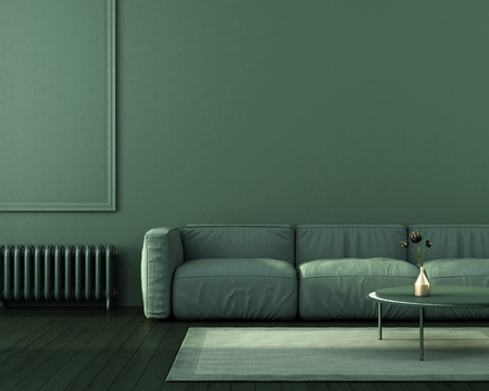 The monochrome green interior of living room with a large sofa, a coffee table and a vintage radiator nearby / 3D illustration, 3d renderの写真素材