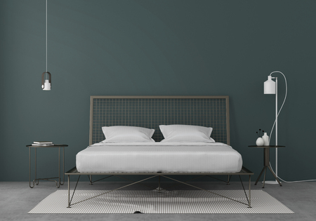 Bedroom interior with a metal bed, tables and white lamps against a blue wall / 3D illustration, 3d renderの写真素材