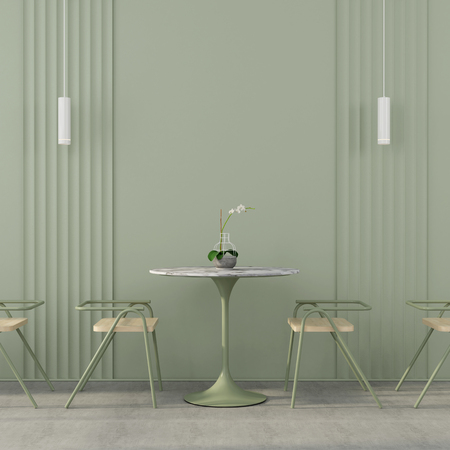 Stylish cafe interior in green with wooden chairs, marble table top, white chandeliers and concrete floor / 3D illustration, 3d renderの写真素材