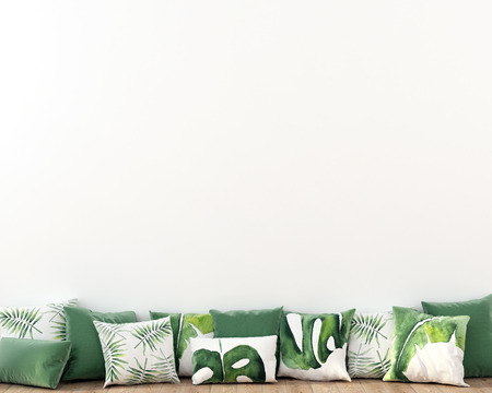 Interior composition of pillows with a tropical pattern on a background of a white wall / 3D illustration, 3d renderの写真素材
