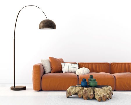Fashionable living room interior with a terracotta-colored sofa, a stump table and a copper floor lamp / 3D illustration, 3d renderの写真素材