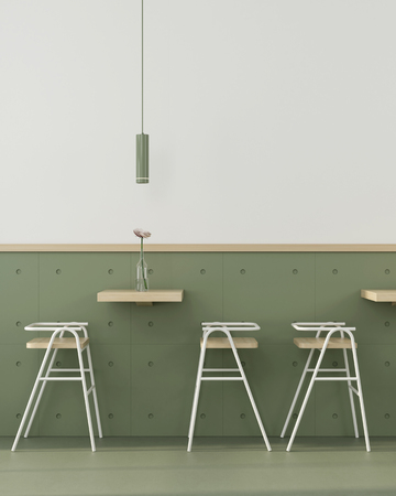 Stylish cafe interior in green with wooden chairs, tables green panels and chandeliers / 3D illustration, 3d renderの写真素材