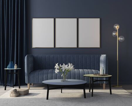 Mock up Modern interior of the living room in monochrome blue with  a stylish velvet sofa, a beige carpet, a golden floor lamp and three posters in golden frames / 3D illustration, 3d renderの写真素材
