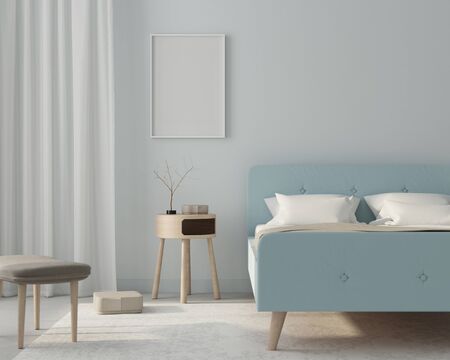 Mock up modern bedroom interior in a light blue color with wooden furniture and a poster in a white frame / 3D illustration, 3d renderの写真素材