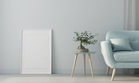 Mock up Modern interior of a living room with a blue sofa, a stylish wooden tables and poster in the white frame on a background of blue walls and curtains / 3D illustration, 3d renderの写真素材