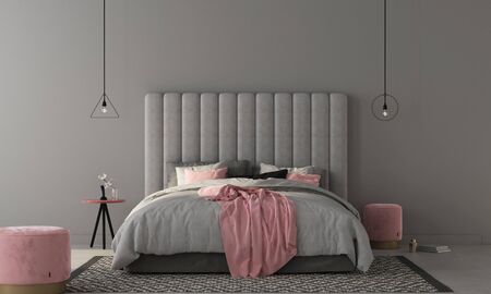 Interior of the bedroom where there are a large gray bed with a large soft headboard, stylish soft poufs and a table in pink colors / 3D illustration3d renderの写真素材