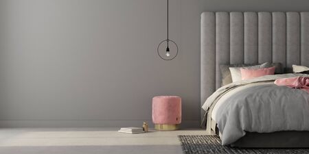 Interior of the bedroom where there are a large gray bed with a large soft headboard, stylish soft pouf / 3D illustration3d renderの写真素材