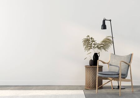 Gray armchair with a wooden table and a vase of wheat on a white wall background. Autumn interior decoration / 3D illustration, 3d renderの写真素材