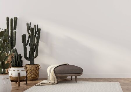 Boho-style interior with stylish leather pouf and wicker pots with cacti / 3D illustration, 3d renderの写真素材