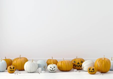 Pumpkins of different colors with funny faces on a white wall background. Decoration for Halloween / 3D illustration, 3d renderの写真素材