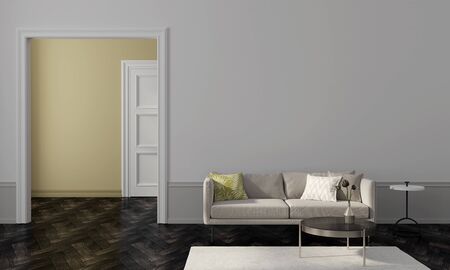 Living room with beige sofa, golden table and overlooking the yellow wall of another room / 3D illustration, 3d renderの写真素材