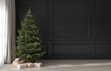 Festive interior in gray and beige with a minimalistic Christmas tree and presents. New Year's interior. Christmas interior / 3D illustration, 3d renderの写真素材