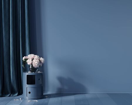 Blue monochrome interior with peonies in a vase on a stylish nightstand and curtains/ 3D illustration, 3d renderの写真素材