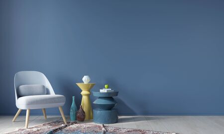 Blue interior with armchair, classic carpet and colored tables / 3D illustration, 3d renderの写真素材