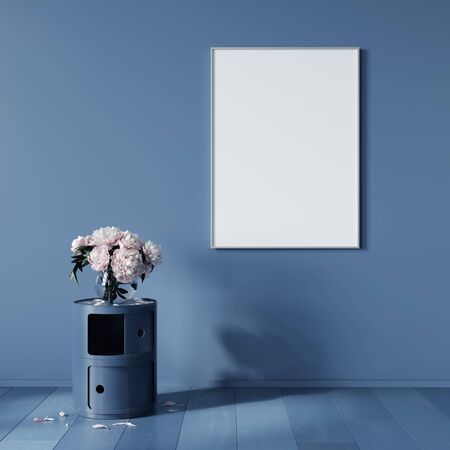 Blue monochrome interior with peonies in a vase on a stylish nightstand and poster. Mock up interior / 3D illustration, 3d renderの写真素材