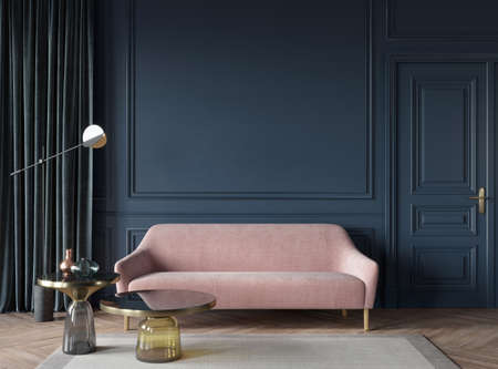 Stylish living room interior in dark blue with a pink sofa, glass tables and a golden floor lamp. Mid century modern style / 3D illustration, 3d renderの写真素材