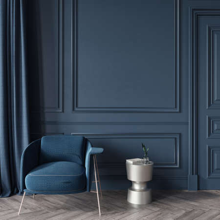 Classic interior in dark blue with an upholstered armchair and a metal table / 3D illustration, 3d renderの写真素材