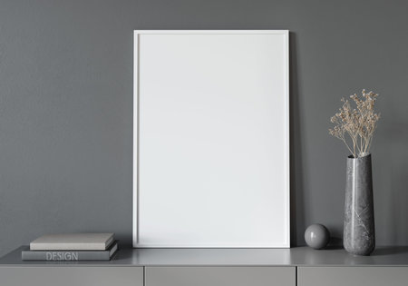 Mockup interior with white poster frame and gray decor and chest of drawers / 3D illustration, 3d...