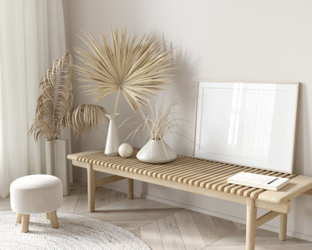 mockup interior in beige color with a bench, a small pouf, dried flowers and a large horizontal frame. side view. 3D rendering, 3d illustrationの写真素材