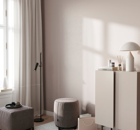 Light minimalistic interior with a chest of drawers and poufs against the background of an empty wall. side view. 3D rendering, 3d illustrationの写真素材