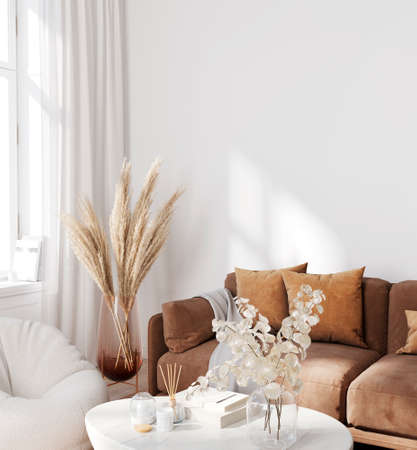 Living room interior in light beige color with a soft sofa, a marble table and a pouf against an empty wall. side view. 3D rendering, 3d illustrationの写真素材
