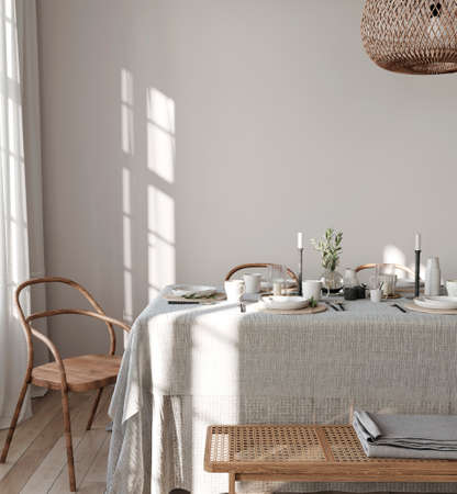 dining room interior in bright colors with wicker furniture and a chandelier. 3D rendering, 3d illustrationの写真素材