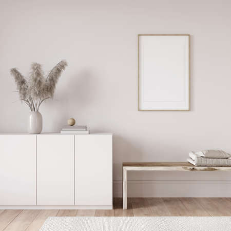 Mock up interior in off white tones with a long chest of drawers, and a wooden bench / 3D illustration, 3d renderの写真素材
