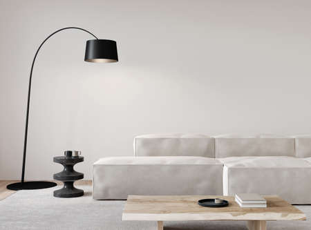 Interior of living room in off white color with a big soft sofa, a floor lamp, a wooden coffe table and a marble side table / 3D illustration, 3d renderの写真素材