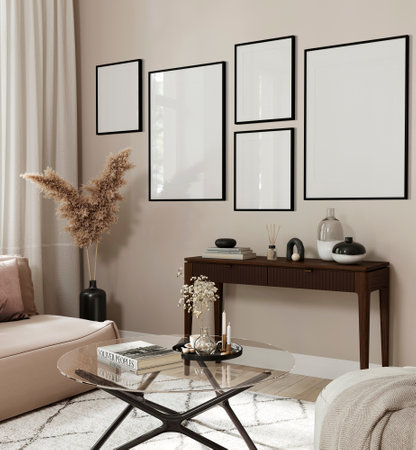 Modern living room Interior with a beige sofa, glass table and set of black frames, side view, glass reflection / 3D illustration, 3d renderの写真素材