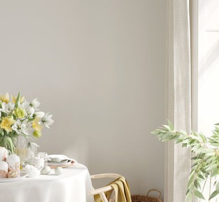 Modern dining room Interior with a dining table covered with a linen tablecloth and dishes / 3D illustration, 3d renderの写真素材