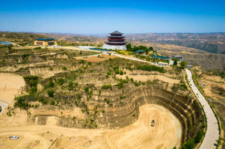 Aerial photography of the original Tibetan Snow Pavilion in Gaojiawa, Qingjian Countyの写真素材