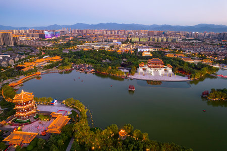 Aerial photography night view of Tang Furong Garden in Xi'an, Shaanxi, Chinaのeditorial素材