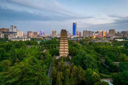 Aerial photography of Xi'an Small Wild Goose Pagoda at nightのeditorial素材