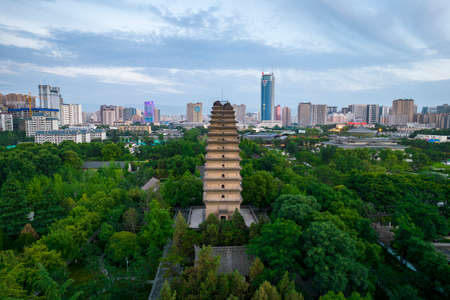 Aerial photography of Xi'an Small Wild Goose Pagoda at nightのeditorial素材