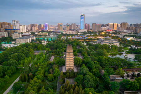 Aerial photography of Xi'an Small Wild Goose Pagoda at nightのeditorial素材