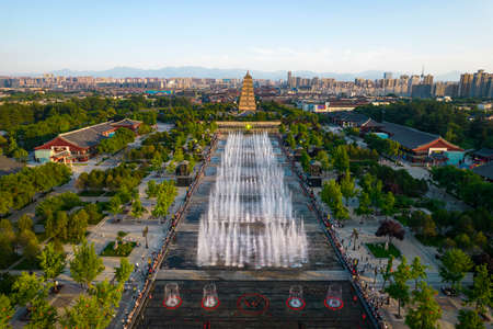 Aerial photography of Xi'an Big Wild Goose Pagoda Musical Fountainのeditorial素材
