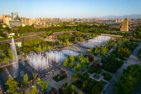 Aerial photography of Xi'an Big Wild Goose Pagoda Musical Fountainのeditorial素材