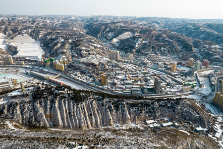 Aerial photography of winter scenery in Qingjian Countyの写真素材