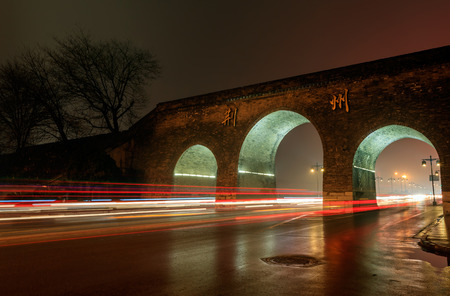 Jingzhou, ancient city wall, night sceneの写真素材