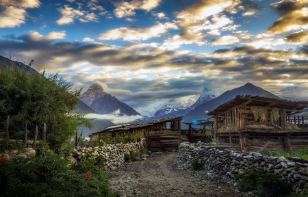 Tibet village under sunsetの写真素材
