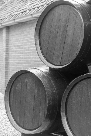 Three barrels in the yard of a winery in Bussum, Netherlands の写真素材