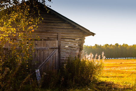 The autumn sun warms up the walls of the old barn house in the rural Finland.のeditorial素材