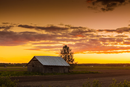 The midsummer sun sets behind a lonely barn house in the fields at the Northern Finland.の写真素材