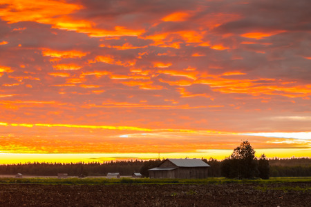One of the dramatic sunsets on the fields of the Northern Ostrobothnia, Finland.の写真素材