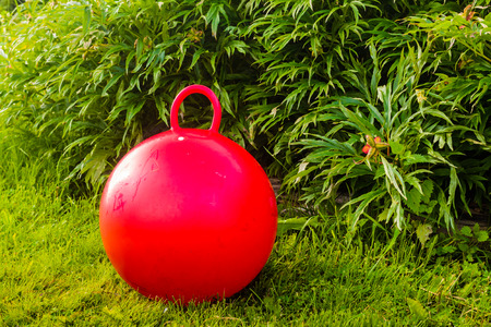 A red rubber ball on the grass after a summer rain.の写真素材